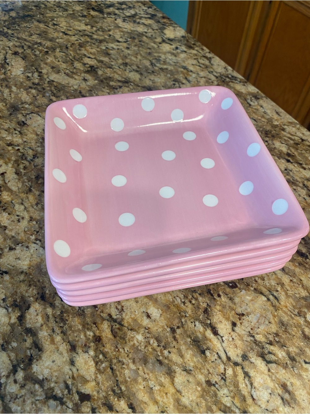 Pampered Chef Pink Square Polka Dot Dessert Plates Minnie Mouse inspired.